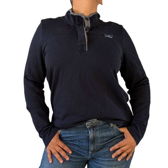 L.L. Bean Navy Blue Chambray Rugby Quarter Button Down Collar Henley Sweatshirt - Picture 1 of 6